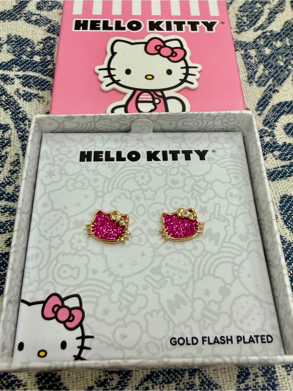 Hello Kitty Pink Glitter Gold Bow Stud Earrings